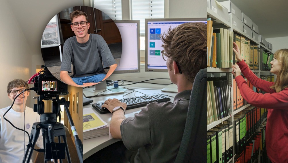 FSJler in verschiedenen Arbeitsbereichen: Videodreh, Computerarbeit und Archivtätigkeiten