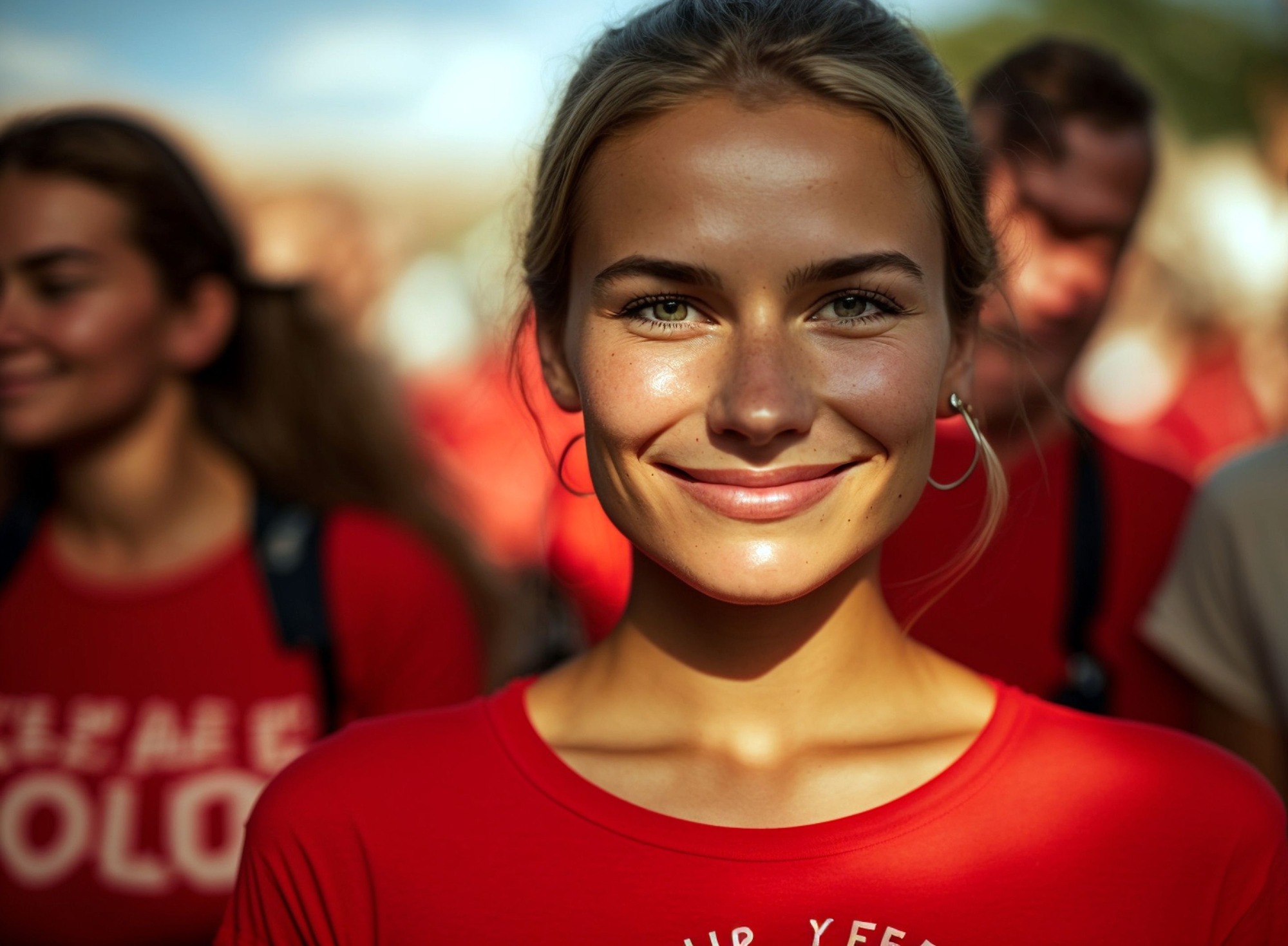 Lächelnde junge Frau in rotem T-Shirt bei politischer Veranstaltung